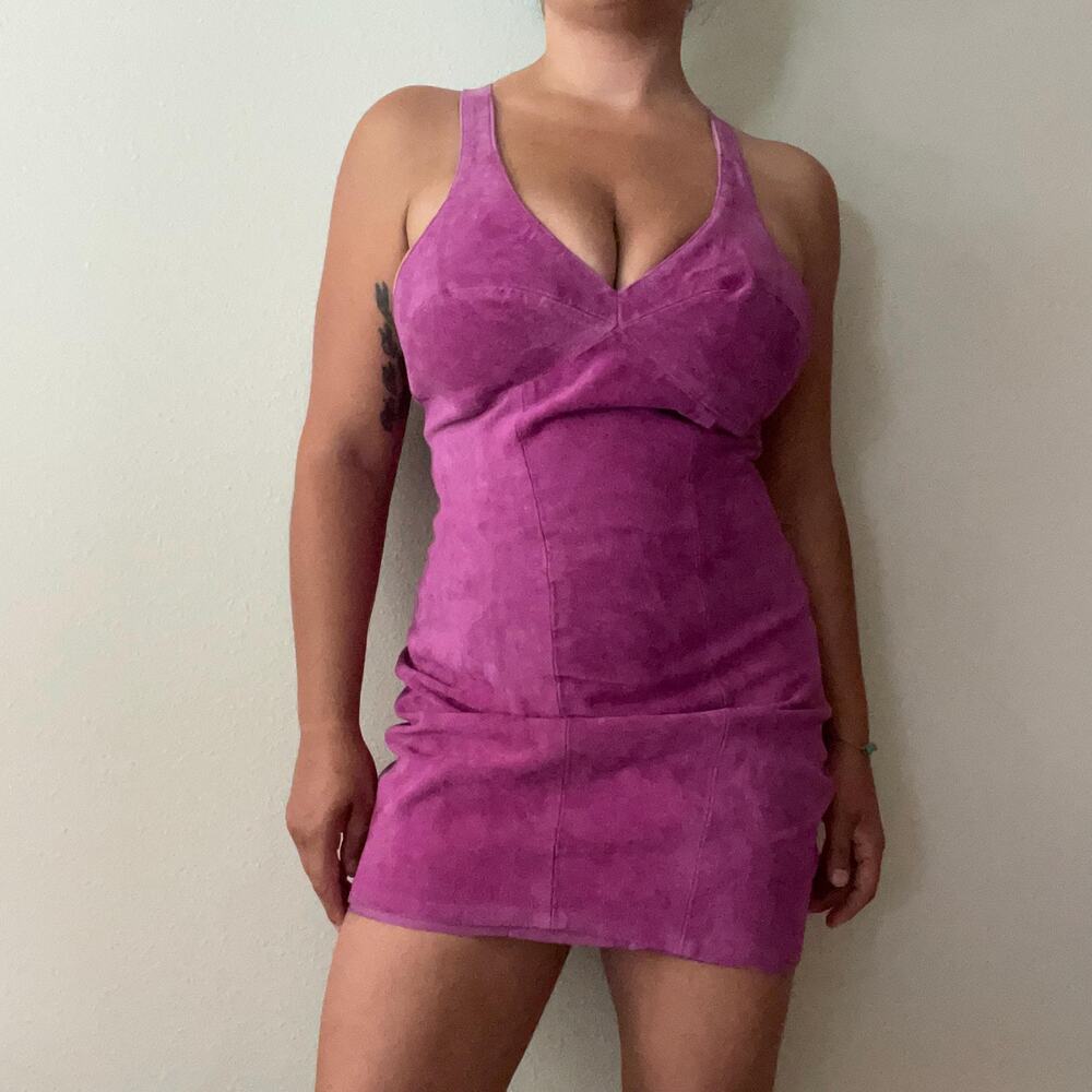 RARE vintage 90s Wilson Leather Suede Magenta Halter Mini Dress